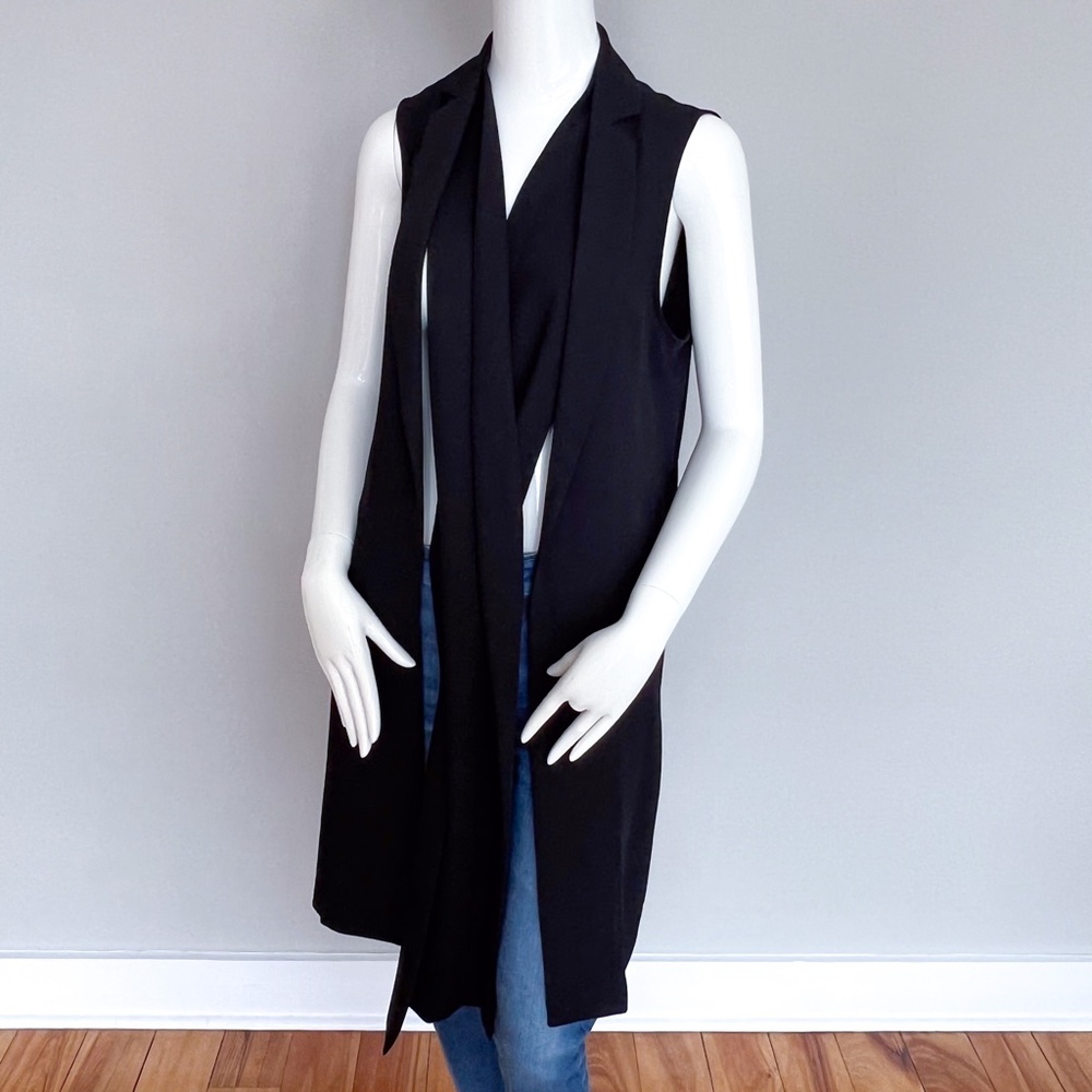 BCBG MAXAZRIA Tasha Black Long Vest Tie Open Front Duster Cardigan Sleeveless S - Picture 10 of 14